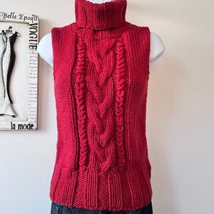 Vintage Y2K BCBGMAXAZRIA 100% Wool Red Cable Knit Sleeveless Turtleneck Size M